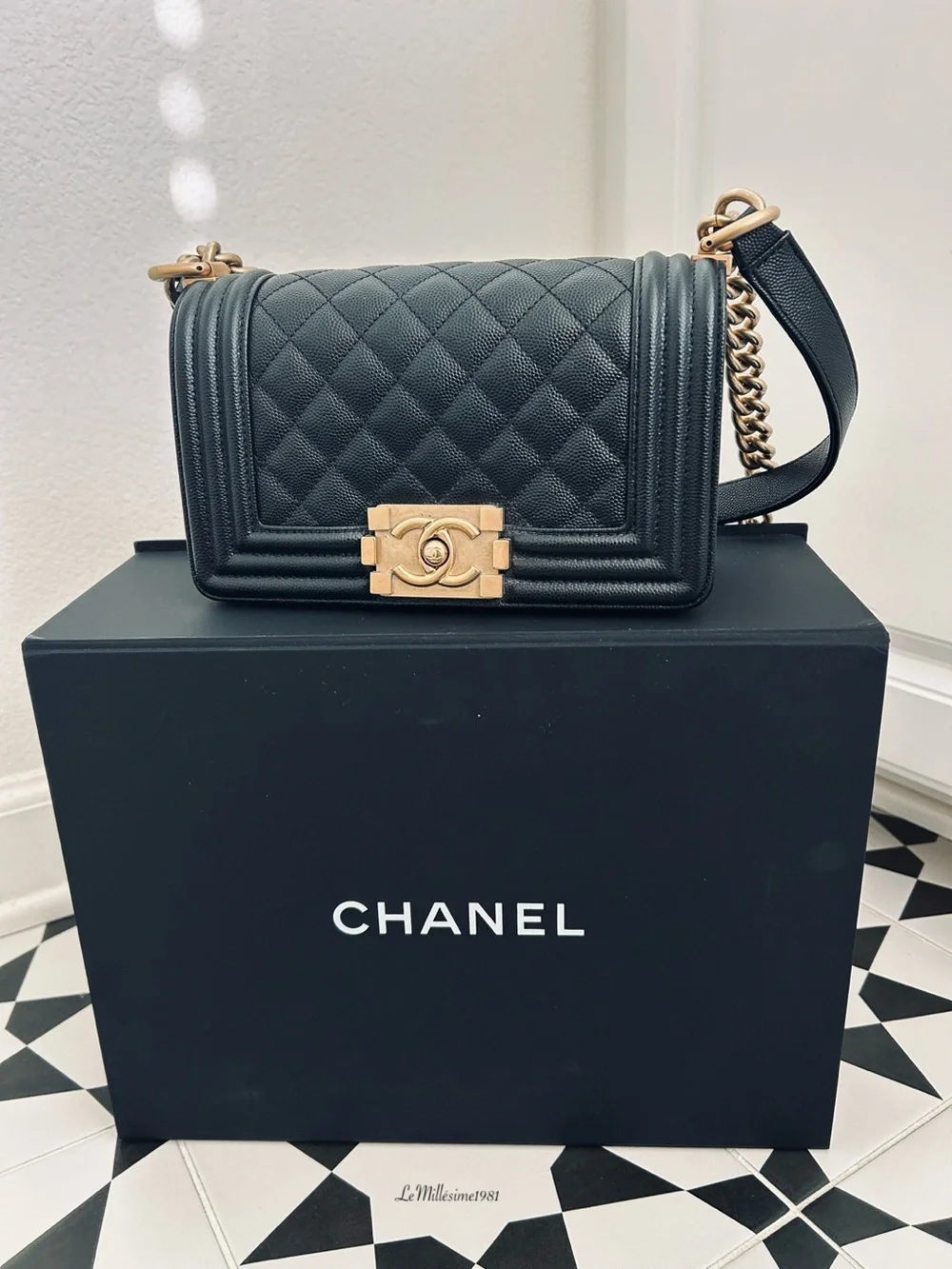 CHANEL Small Boy Bag Black Caviar Leather Brass